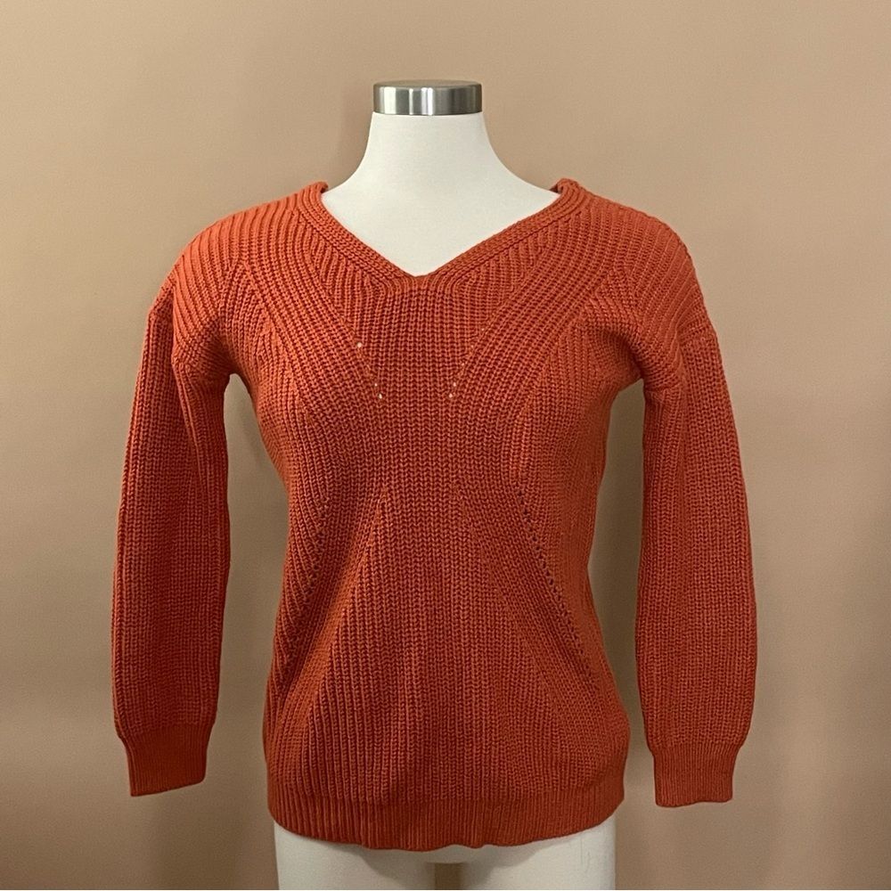 Poof Apparel Rust Orange Chunky Knit V-Neck Sweater Women's Small Cozy